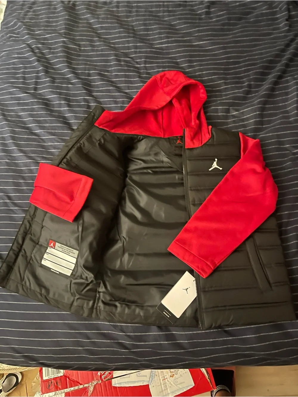 Jordan Black Quilted Puffer Jacket with Red Hood & Red Sleeves